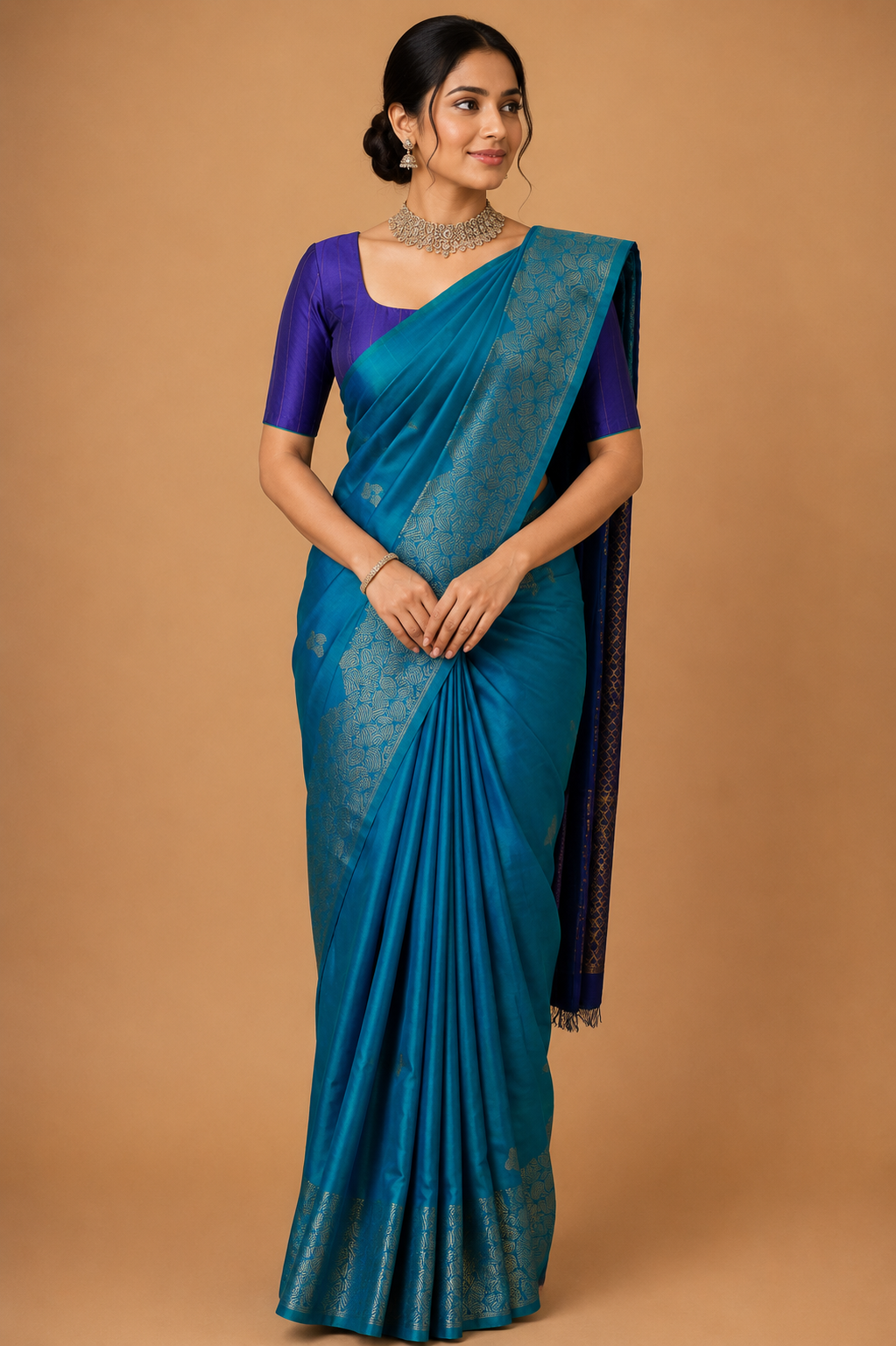 Zartari Handwoven Kanjivaram Silk Saree | Peacock Blue with Gold Zari Floral Border | Traditional Wedding Silk Saree
