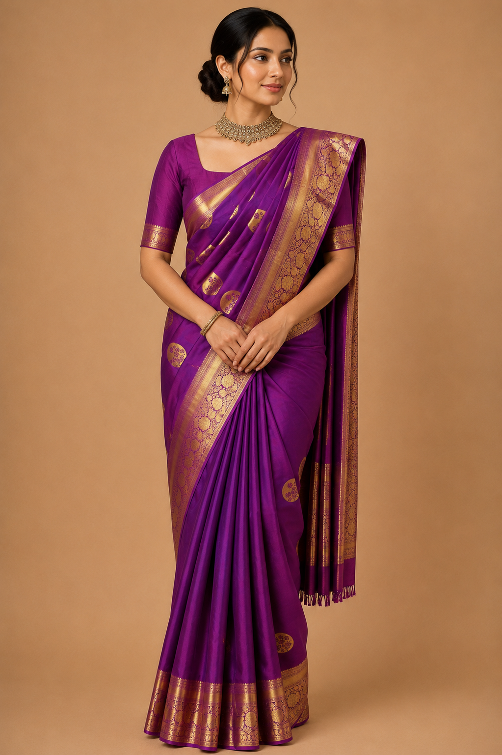 Zartari Handwoven Kanjivaram Silk Saree | Royal Purple with Gold Zari Floral Border & Traditional Butti | Wedding Silk Saree