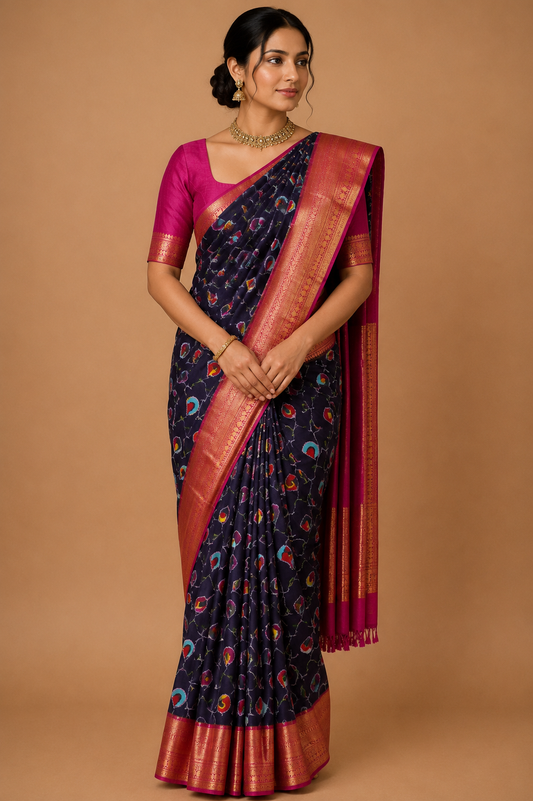 Zartari Handwoven Patola Silk Saree | Navy Blue with Multicolour Patola Motifs & Rich Copper Gold Zari Border