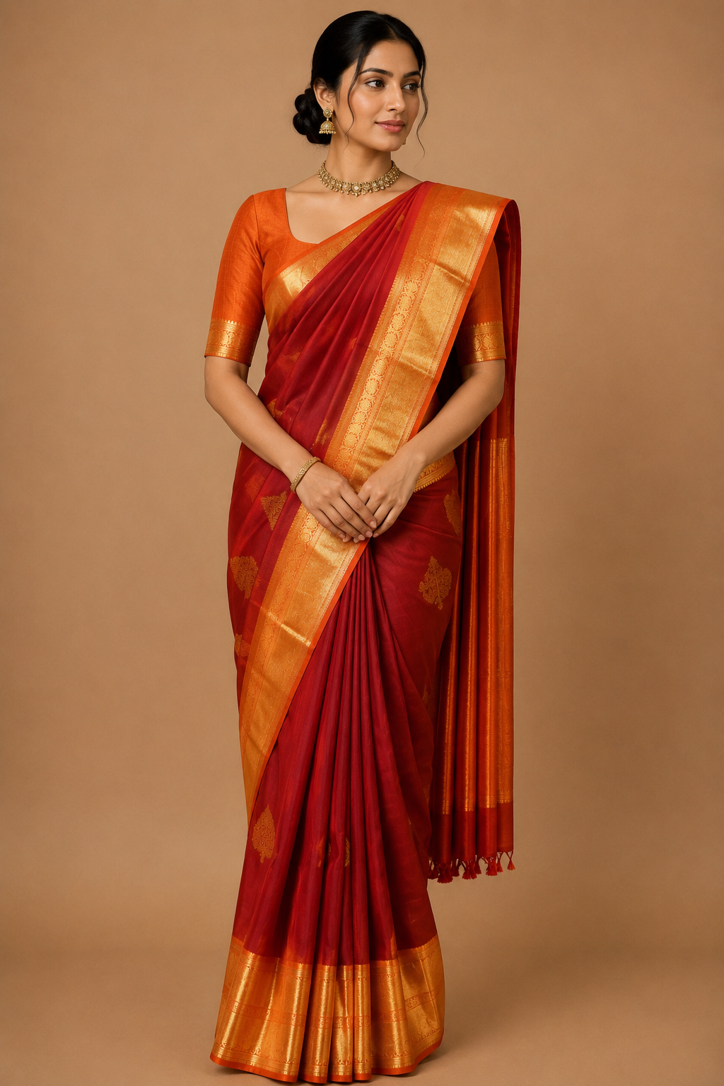 Zartari Handwoven Kanjivaram Silk Saree | Deep Maroon Red with Rich Gold Zari Border