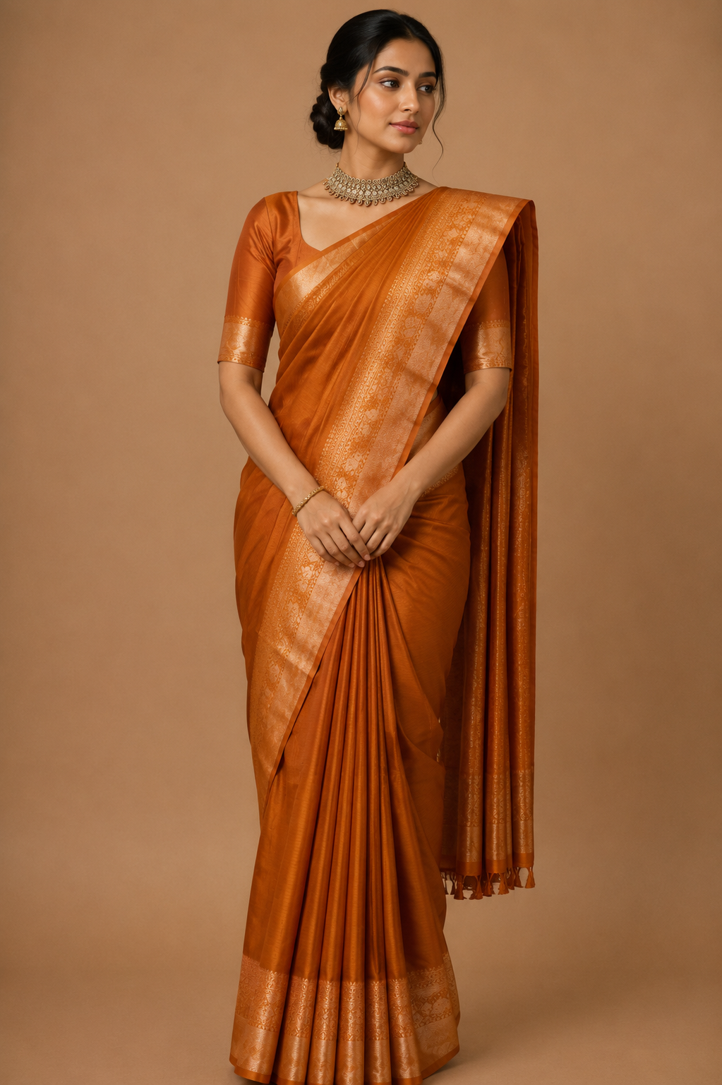 Zartari Handwoven Kanjivaram Silk Saree | Antique Copper Brown with Rich Self Zari Border