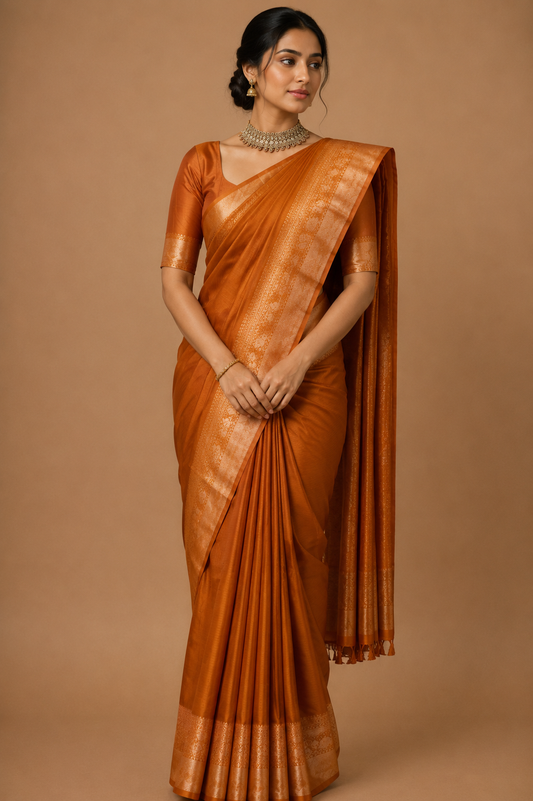 Zartari Handwoven Kanjivaram Silk Saree | Antique Copper Brown with Rich Self Zari Border