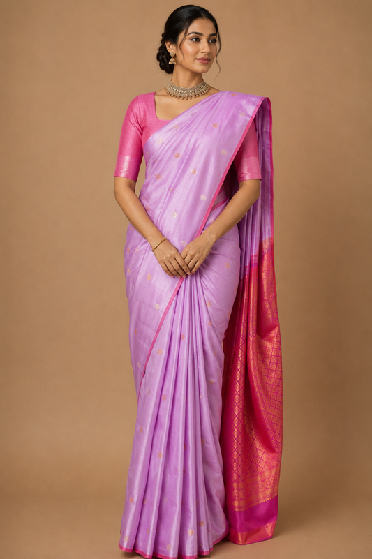 Zartari Handwoven Kanjivaram Silk Saree | Baby Pink with Contrast Red-Orange Rich Zari Pallu