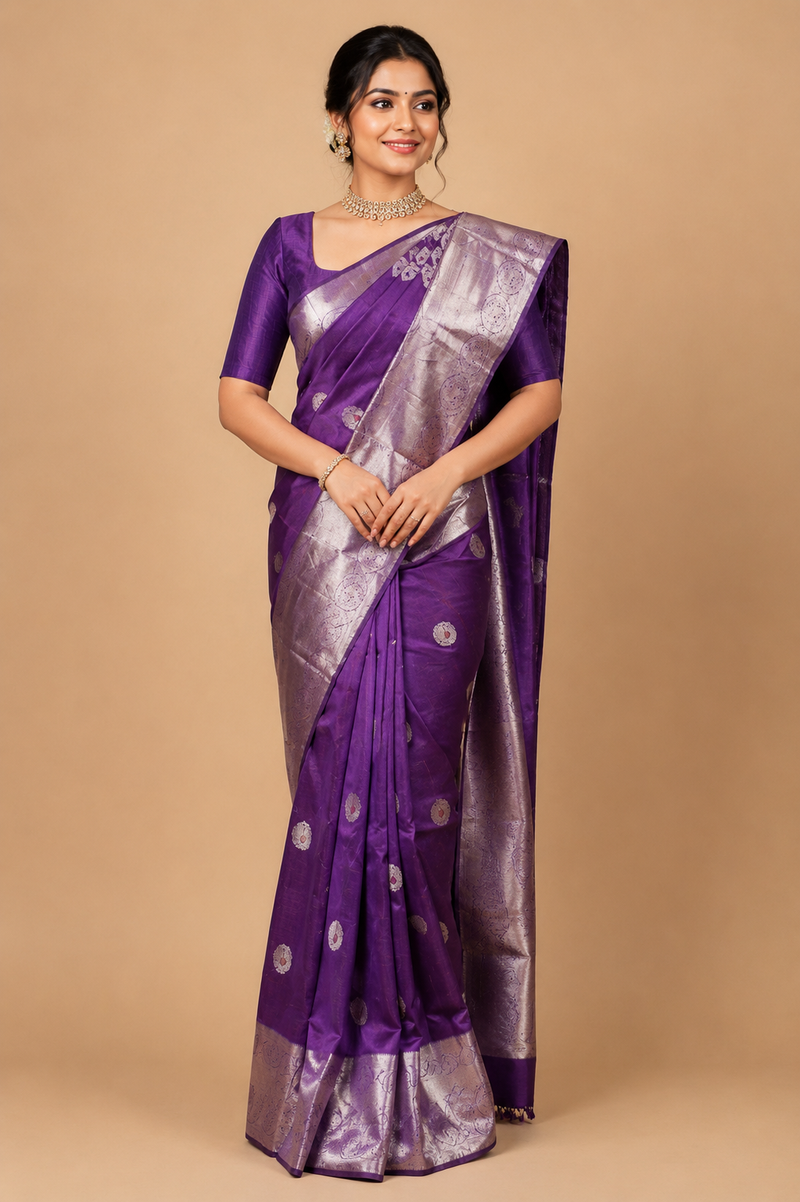ZARTARI Handwoven Kanjivaram Silk Saree – Royal Purple with Silver Zari Border - Pure Silk Drape