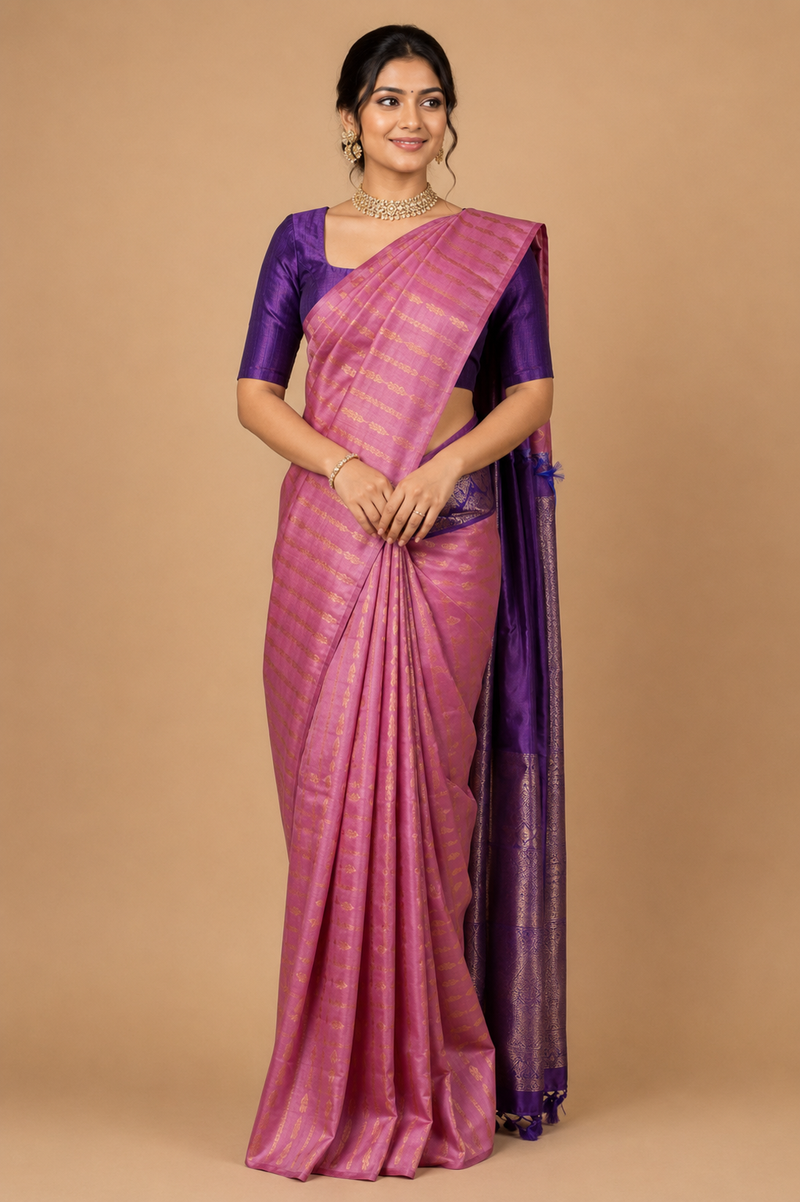 Zartari Handwoven Kanjivaram Silk Saree | Pink Body with Gold Zari Stripes & Contrast Purple Pallu - Pure Silk Drape