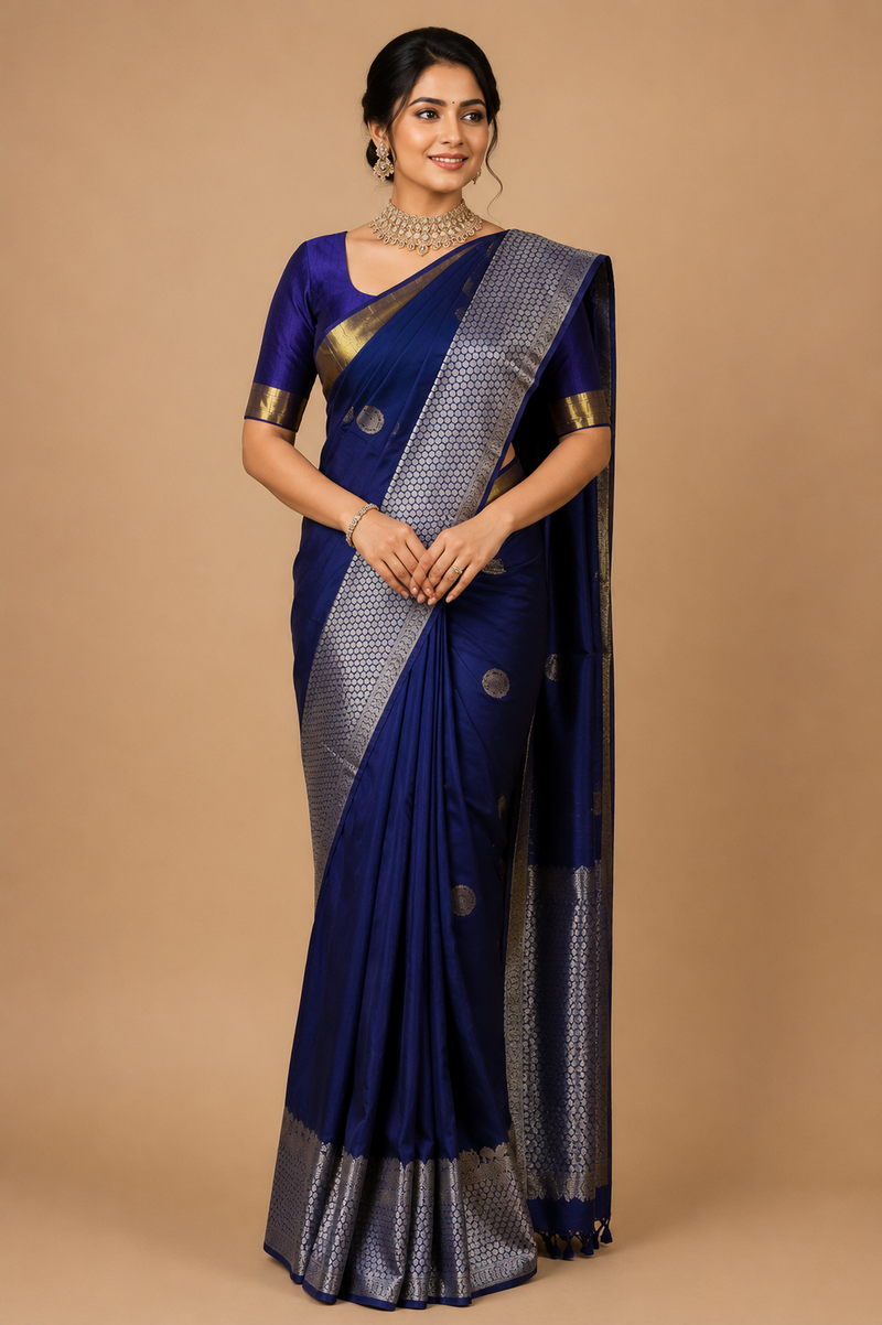 Zartari Handwoven Kanjivaram Silk Saree | Royal Blue with Silver Zari Border & Butta | Traditional Wedding Silk Saree - Pure Silk Drape