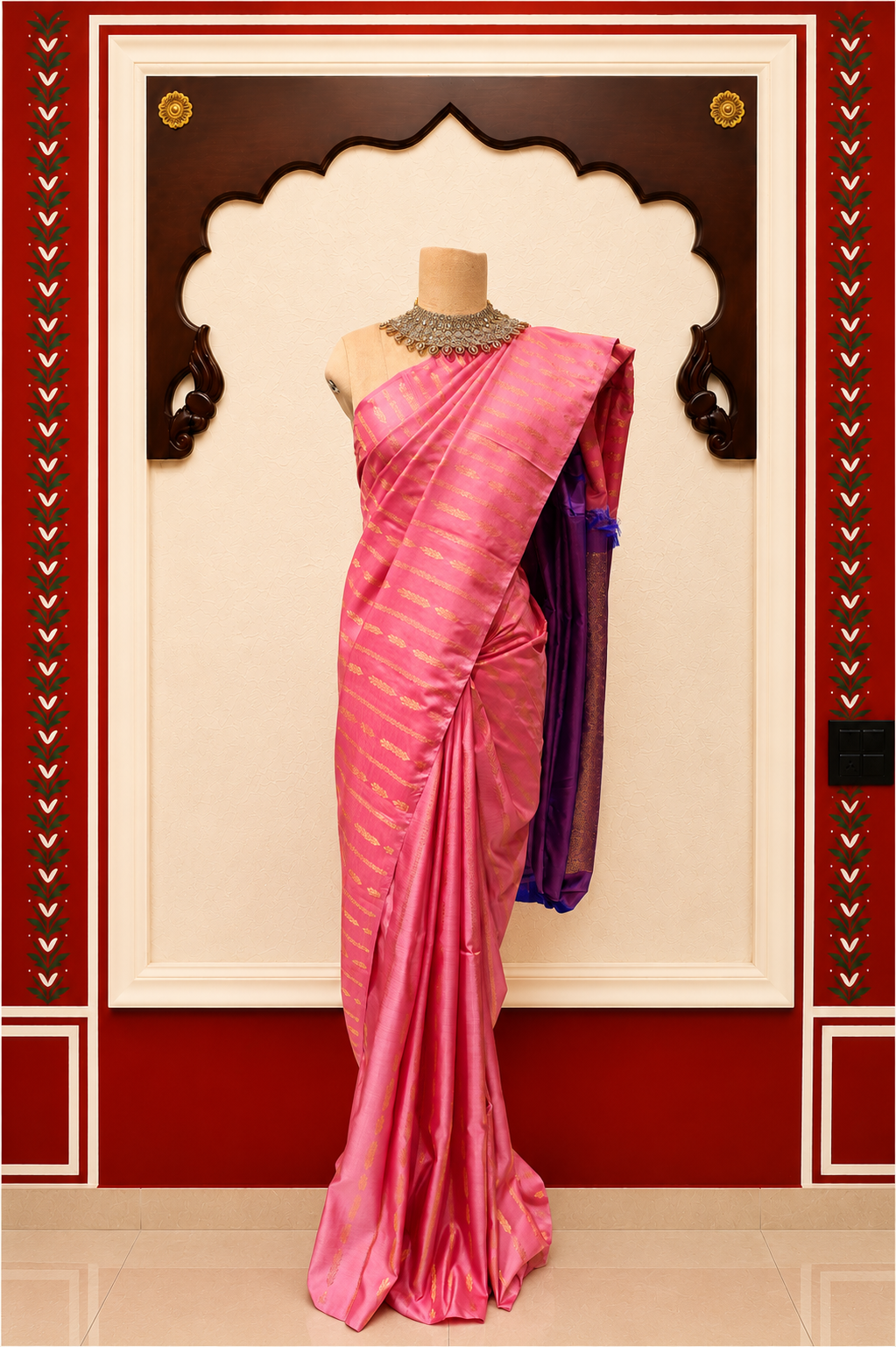 Zartari Handwoven Kanjivaram Silk Saree | Pink Body with Gold Zari Stripes & Contrast Purple Pallu