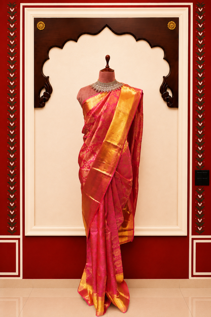 Kanjivaram Silk Saree | Rani Pink with Rich Gold Zari Weaving | Traditional Wedding Silk Saree