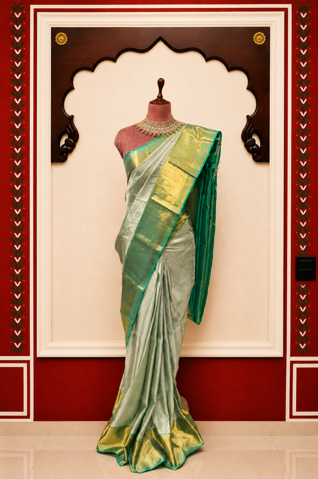 Zartari Handwoven Kanjivaram Silk Saree | Silver Tissue with Emerald Green Gold Zari Border | Premium Wedding Silk Saree