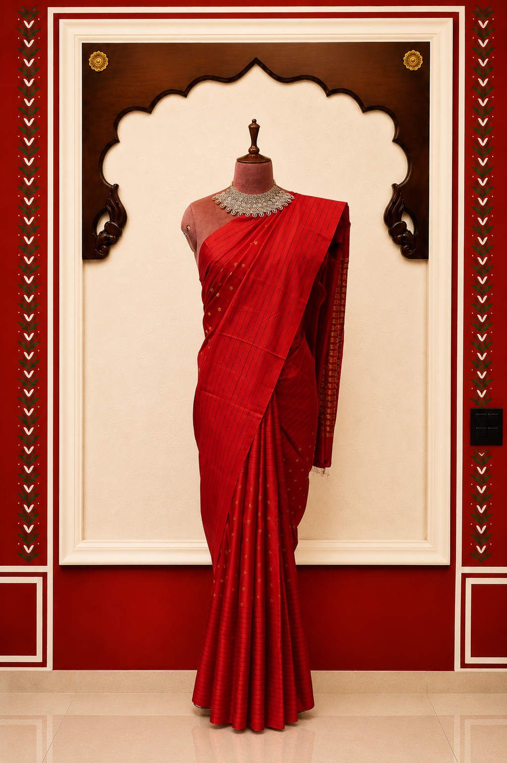 Zartari Handwoven Kanjivaram Silk Saree | Classic Red with Gold Zari Butti & Pinstripe Weave | Traditional Wedding Silk Saree