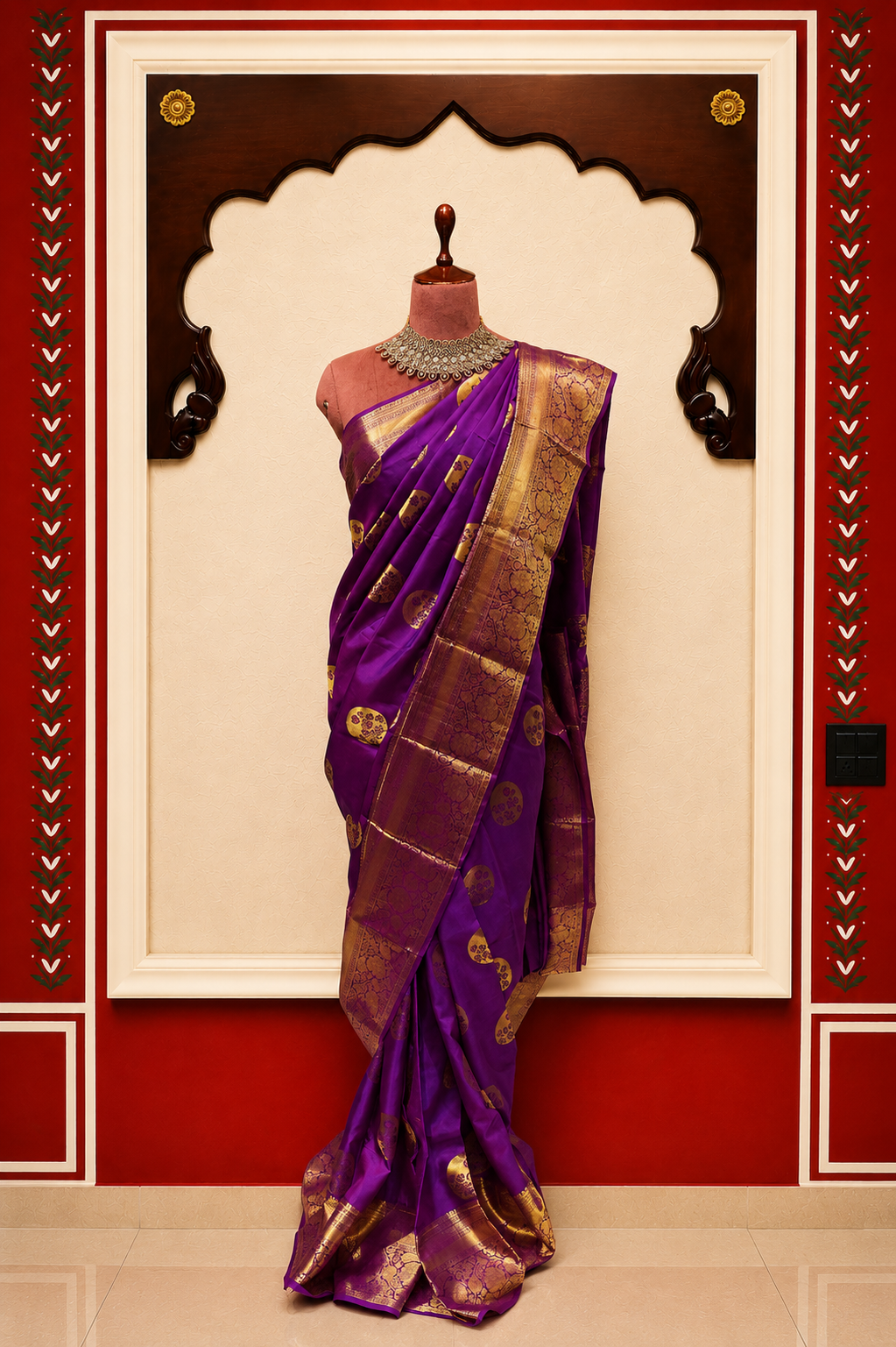 Zartari Handwoven Kanjivaram Silk Saree | Royal Purple with Gold Zari Floral Border & Traditional Butti | Wedding Silk Saree