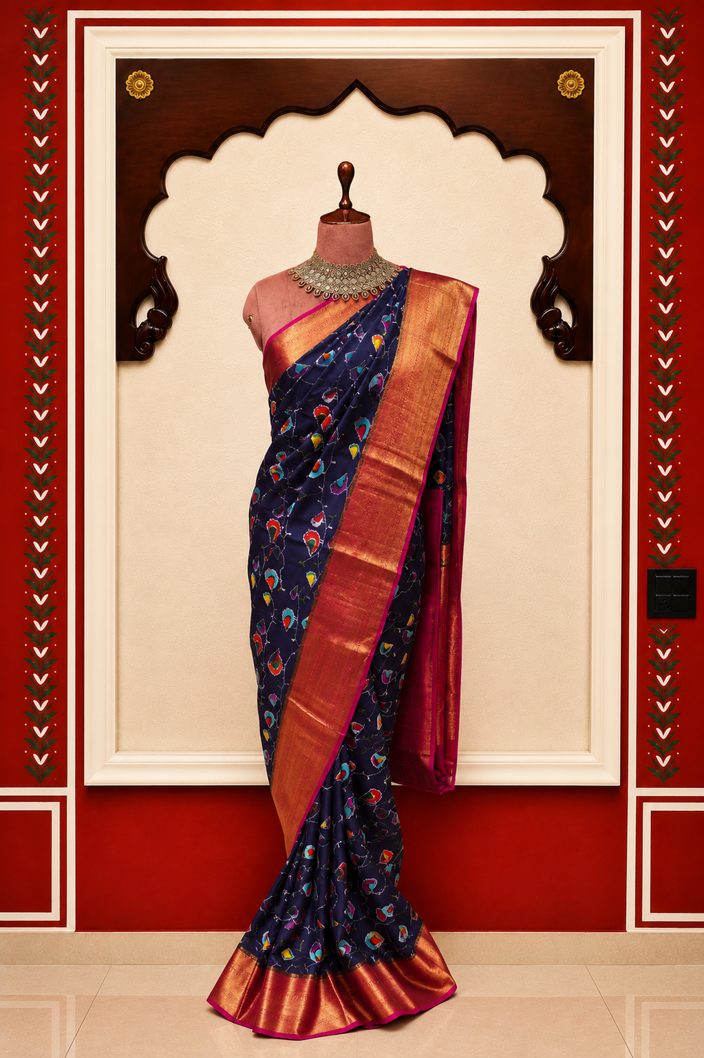 Zartari Handwoven Patola Silk Saree | Navy Blue with Multicolour Patola Motifs & Rich Copper Gold Zari Border