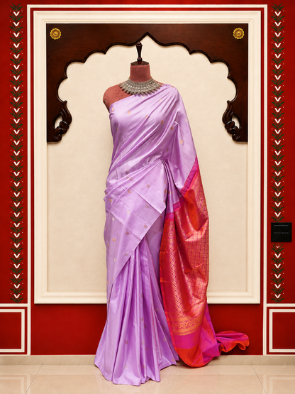 Kanjivaram Silk Saree | Baby Pink with Contrast Red-Orange Rich Zari Pallu