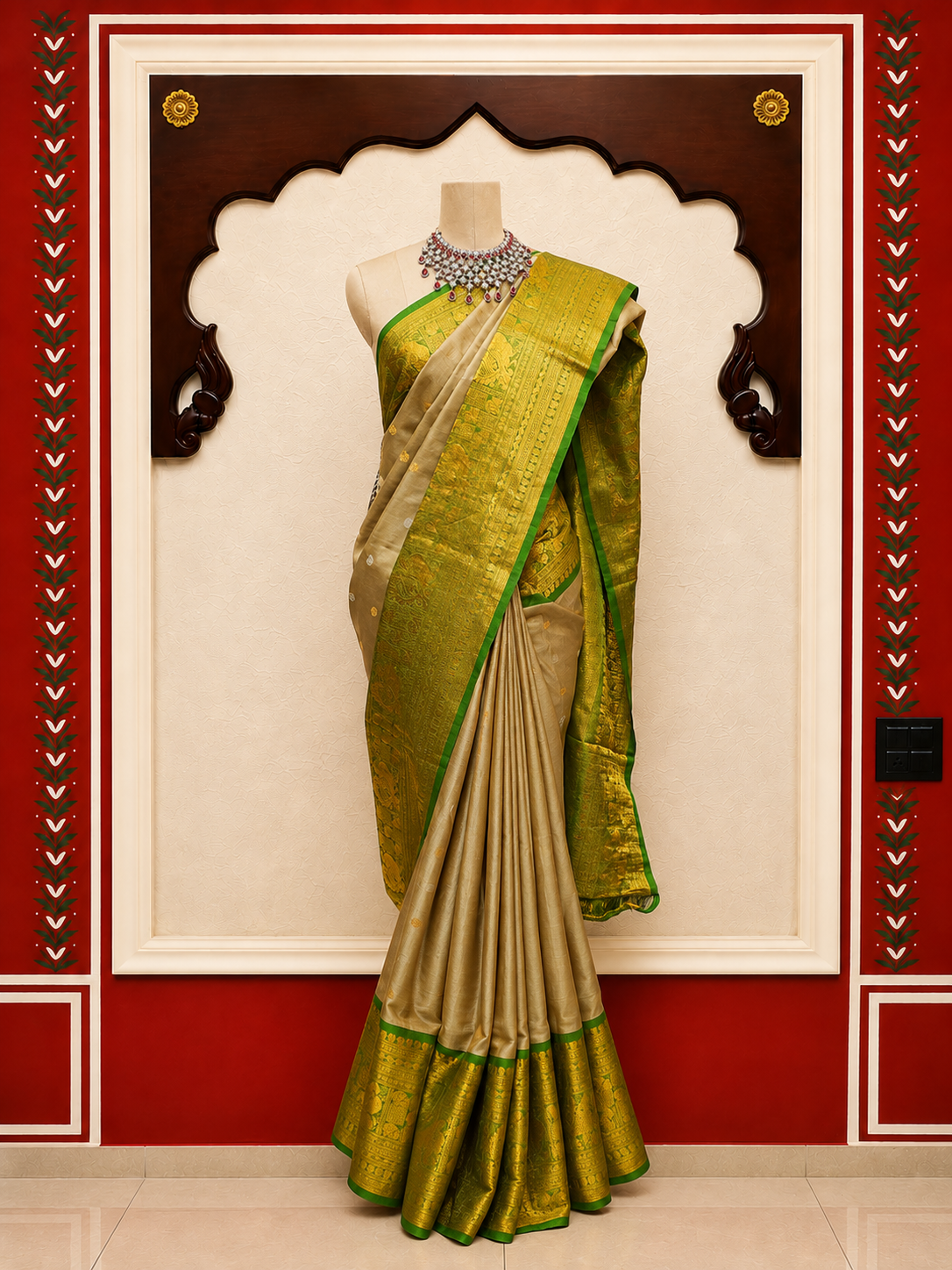 ZARTARI Handwoven Paithani Silk Saree – Beige with Emerald Green Rich Zari Border
