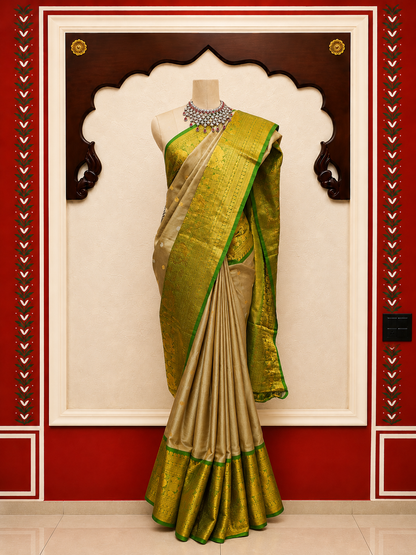 ZARTARI Handwoven Paithani Silk Saree – Beige with Emerald Green Rich Zari Border
