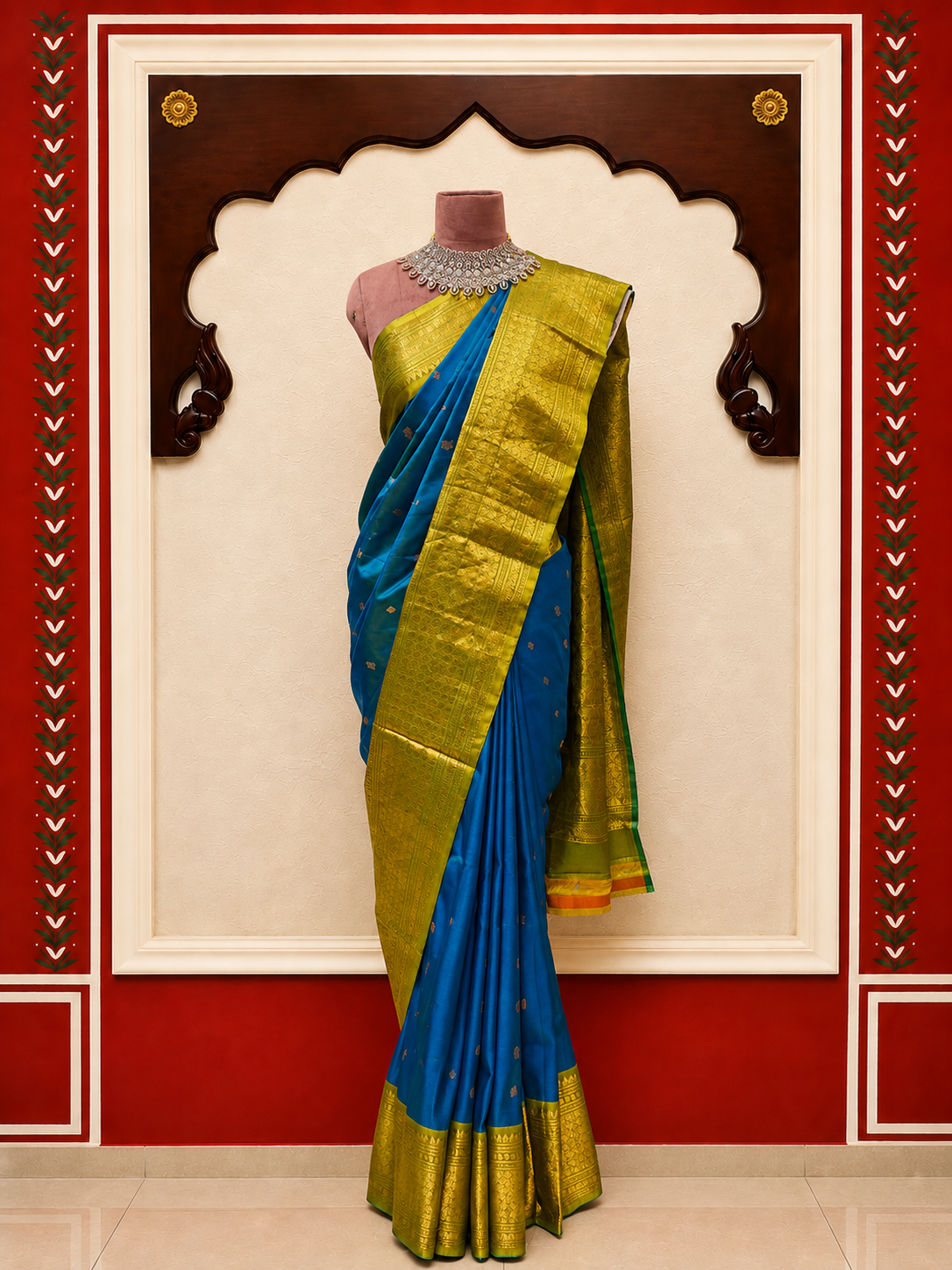 ZARTARI Handwoven Paithani Silk Saree – Royal Blue with Olive Green Antique Gold Zari Border