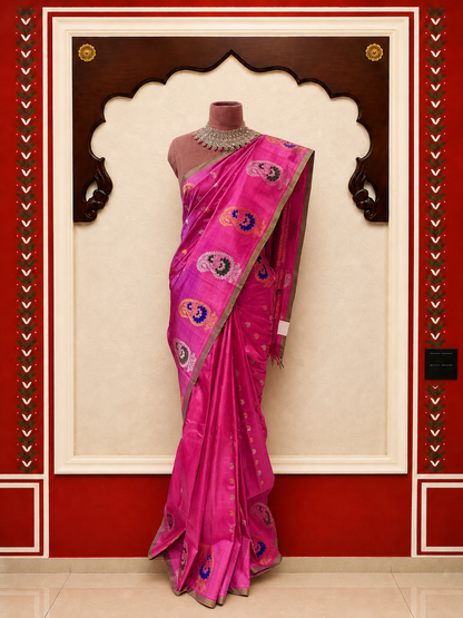 Zartari Premium Rani Pink Paithani Silk Saree with Traditional Woven Paisley Pallu