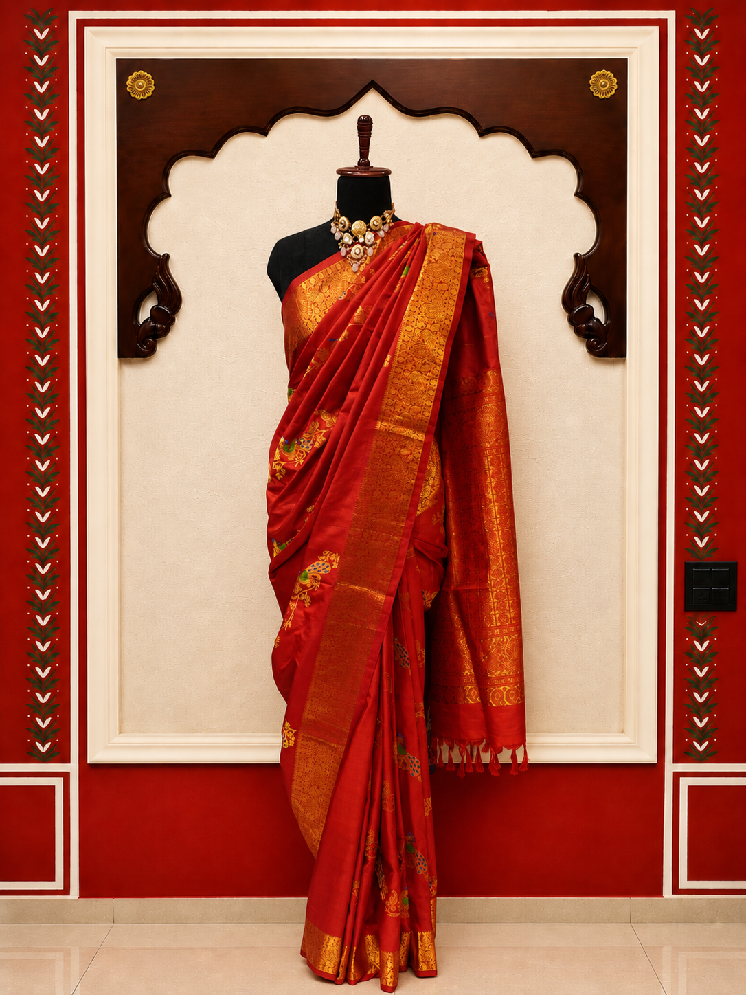 ZARTARI Handwoven Paithani Silk Saree – Deep Maroon with Antique Gold Zari Border & Multicolor Peacock Motifs