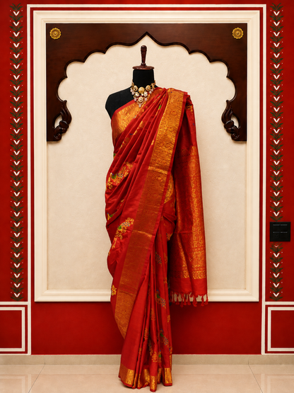 ZARTARI Handwoven Paithani Silk Saree – Deep Maroon with Antique Gold Zari Border & Multicolor Peacock Motifs