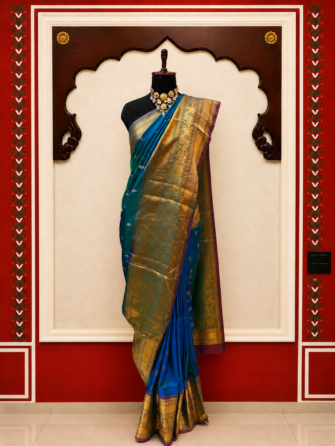ZARTARI Handwoven Paithani Silk Saree – Royal Blue & Emerald Green with Antique Gold Zari Border