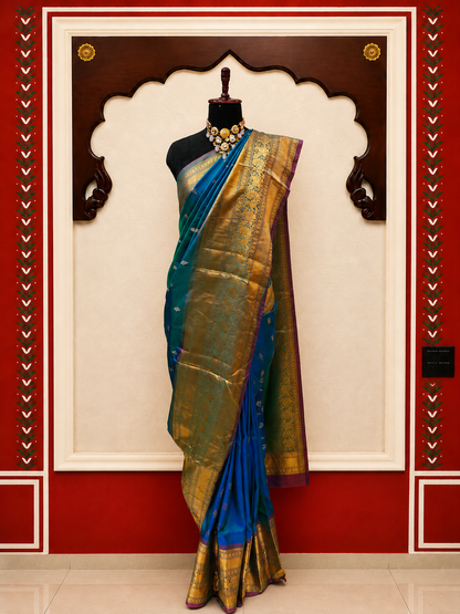 ZARTARI Handwoven Paithani Silk Saree – Royal Blue & Emerald Green with Antique Gold Zari Border