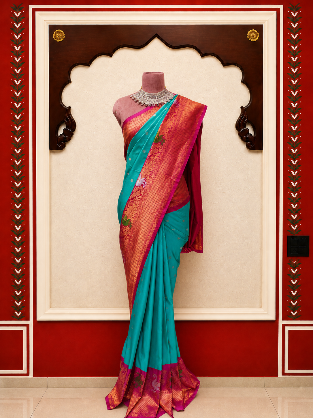 ZARTARI Handwoven Paithani Silk Saree – Turquoise Blue with Rani Pink Border & Rich Peacock Zari Weaving