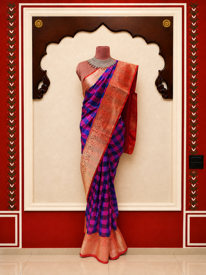 ZARTARI Handwoven Paithani Silk Saree – Royal Purple Checks with Red Zari Border & Rich Traditional Pallu