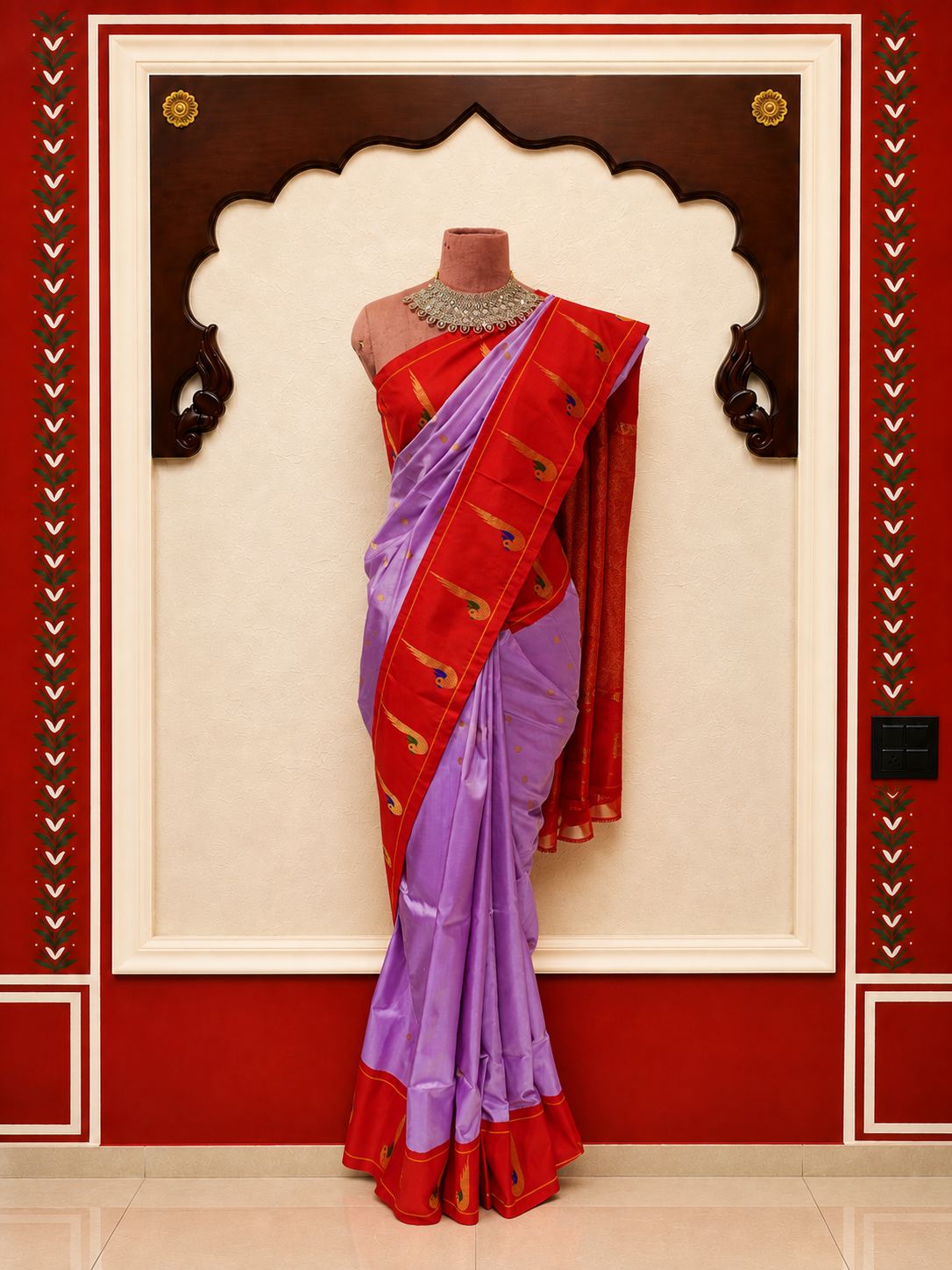ZARTARI Handwoven Paithani Silk Saree – Lavender with Red Peacock Zari Border & Traditional Woven Pallu
