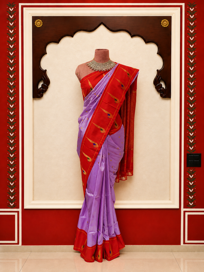 ZARTARI Handwoven Paithani Silk Saree – Lavender with Red Peacock Zari Border & Traditional Woven Pallu