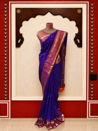 ZARTARI Handwoven Paithani Silk Saree – Royal Blue & Magenta Pink with Traditional Zari Border