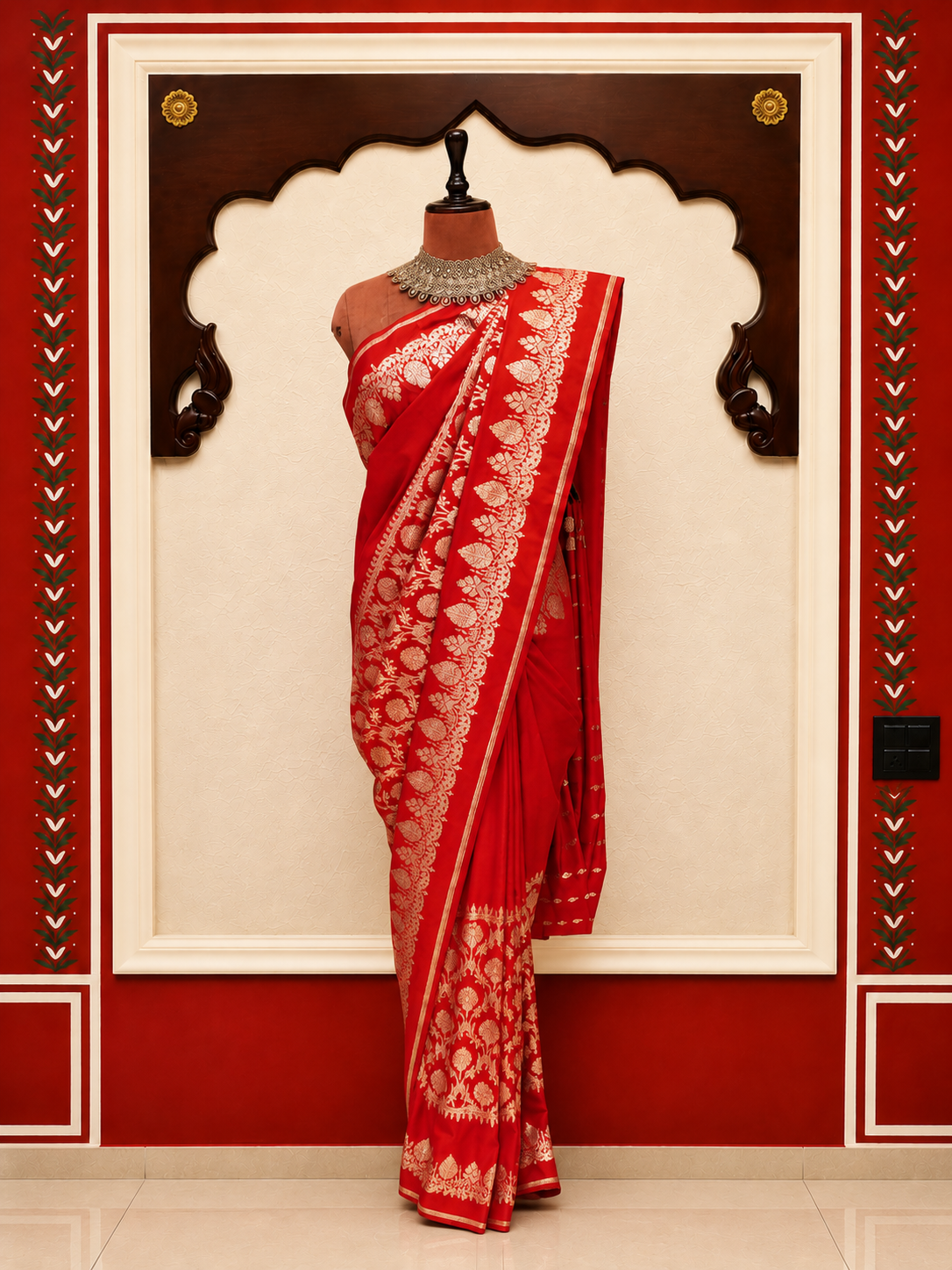 Zartari Red Banarasi Silk Saree with Zari Floral Border & Butti Work Blouse