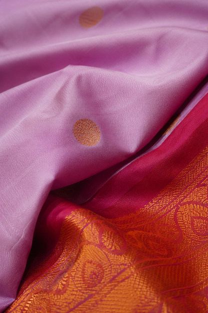 Kanjivaram Silk Saree | Baby Pink with Contrast Red-Orange Rich Zari Pallu