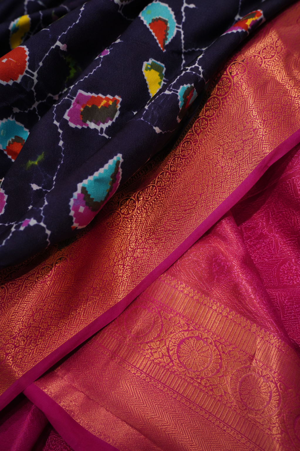 Zartari Handwoven Patola Silk Saree | Navy Blue with Multicolour Patola Motifs & Rich Copper Gold Zari Border