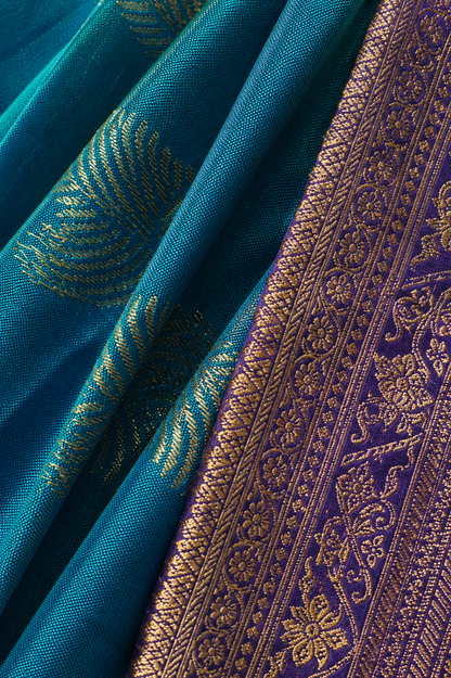Kanjivaram Silk Saree | Peacock Blue with Gold Zari Floral Border | Traditional Wedding Silk Saree