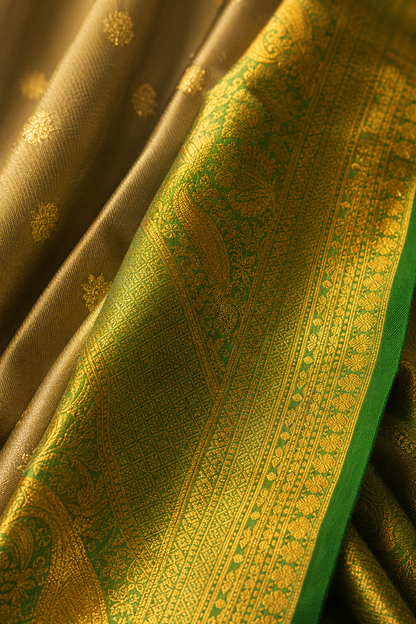 ZARTARI Handwoven Paithani Silk Saree – Beige with Emerald Green Rich Zari Border