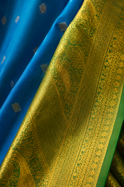 ZARTARI Handwoven Paithani Silk Saree – Royal Blue with Olive Green Antique Gold Zari Border