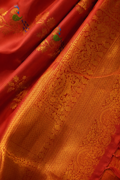 ZARTARI Handwoven Paithani Silk Saree – Deep Maroon with Antique Gold Zari Border & Multicolor Peacock Motifs