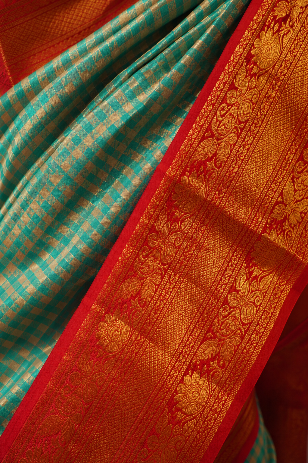 ZARTARI Handwoven Paithani Silk Saree – Aqua Blue Checks with Ruby Red Antique Gold Zari Border
