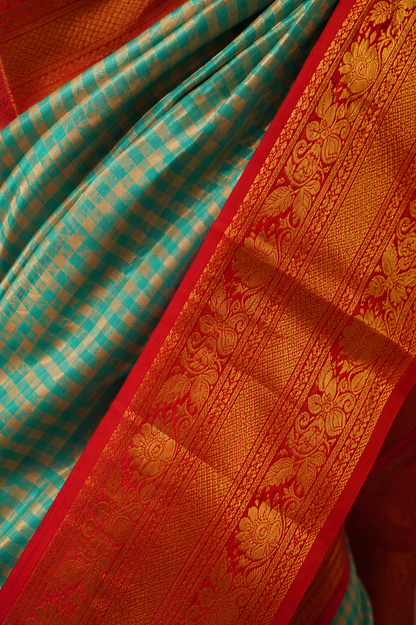ZARTARI Handwoven Paithani Silk Saree – Aqua Blue Checks with Ruby Red Antique Gold Zari Border