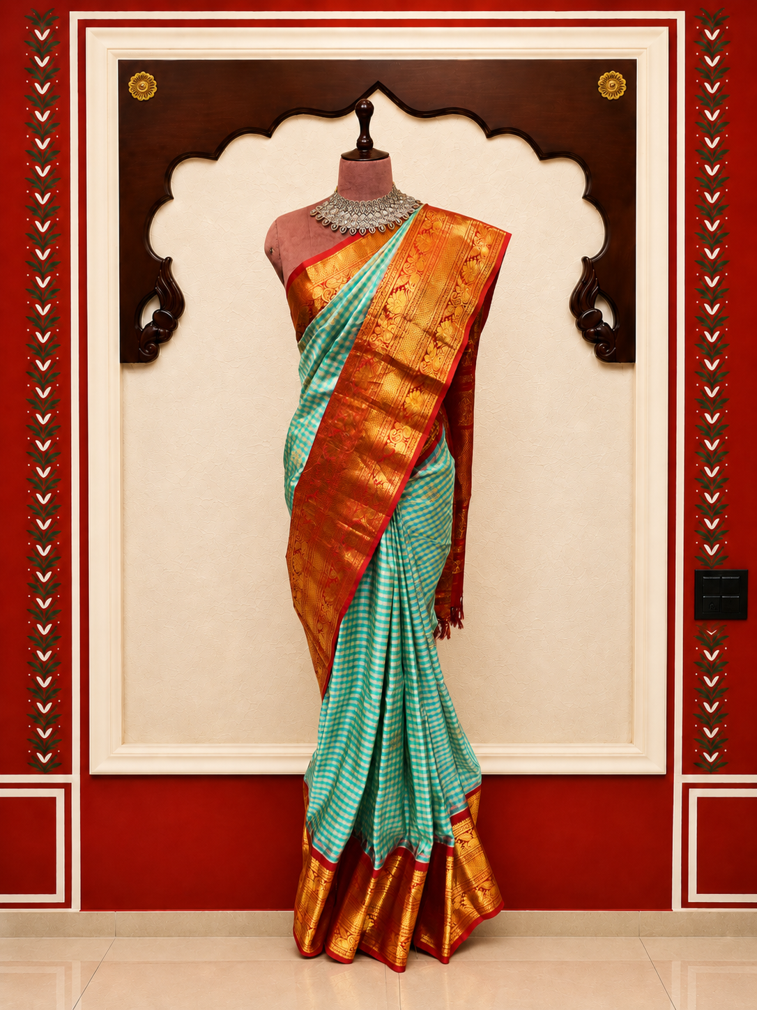 ZARTARI Handwoven Paithani Silk Saree – Aqua Blue Checks with Ruby Red Antique Gold Zari Border