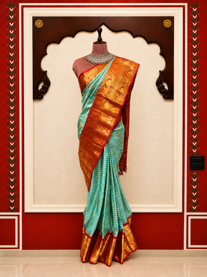 ZARTARI Handwoven Paithani Silk Saree – Aqua Blue Checks with Ruby Red Antique Gold Zari Border