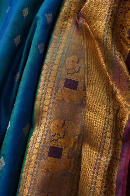 ZARTARI Handwoven Paithani Silk Saree – Royal Blue & Emerald Green with Antique Gold Zari Border