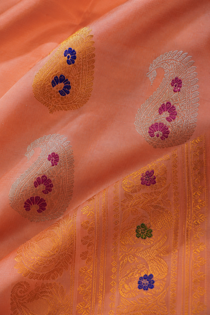 ZARTARI Handwoven Paithani Silk Saree – Peach Pink with Green Border & Traditional Multicolour Paisley Butta