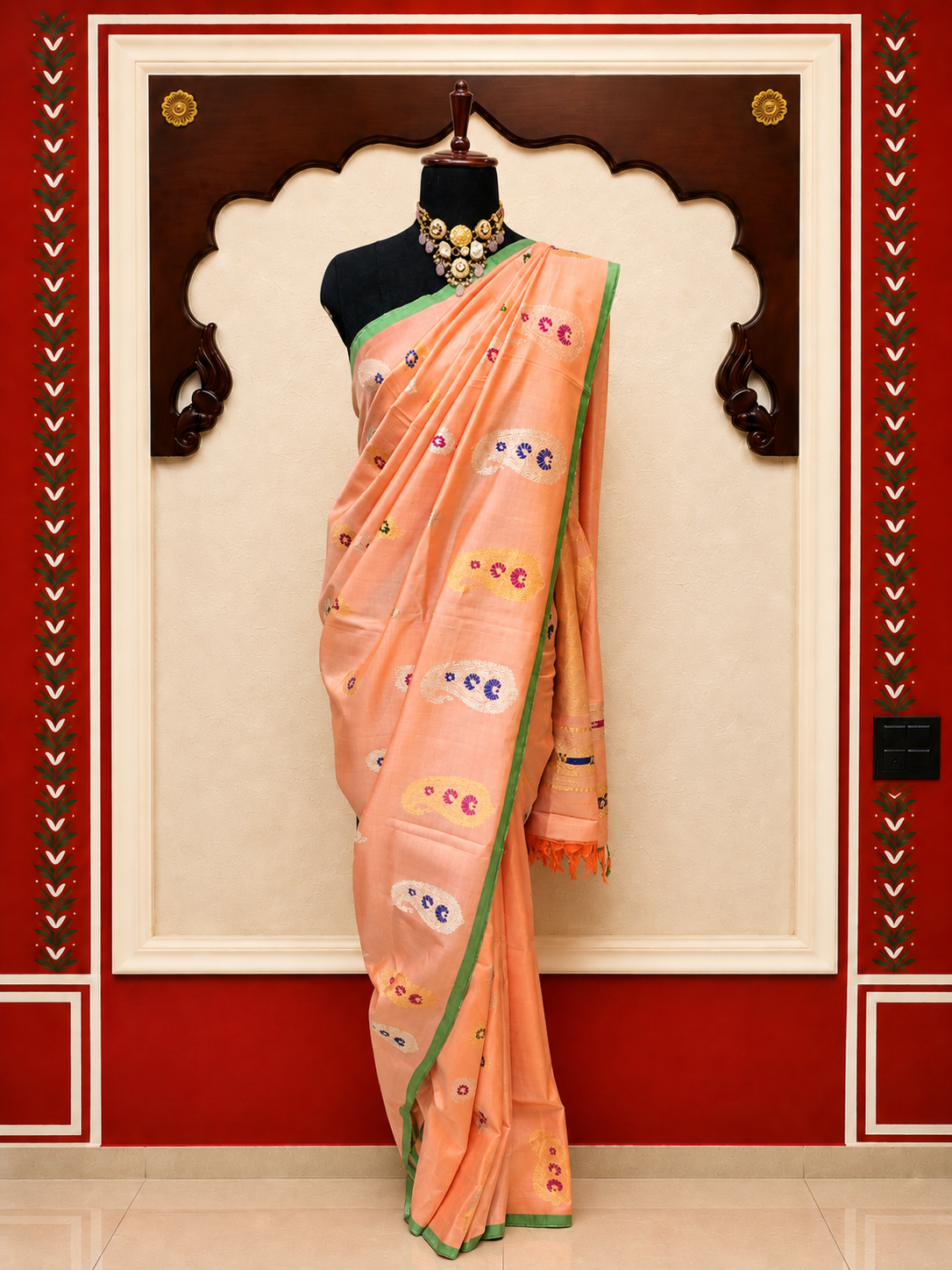 ZARTARI Handwoven Paithani Silk Saree – Peach Pink with Green Border & Traditional Multicolour Paisley Butta