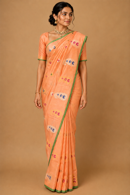 ZARTARI Handwoven Paithani Silk Saree – Peach Pink with Green Border & Traditional Multicolour Paisley Butta