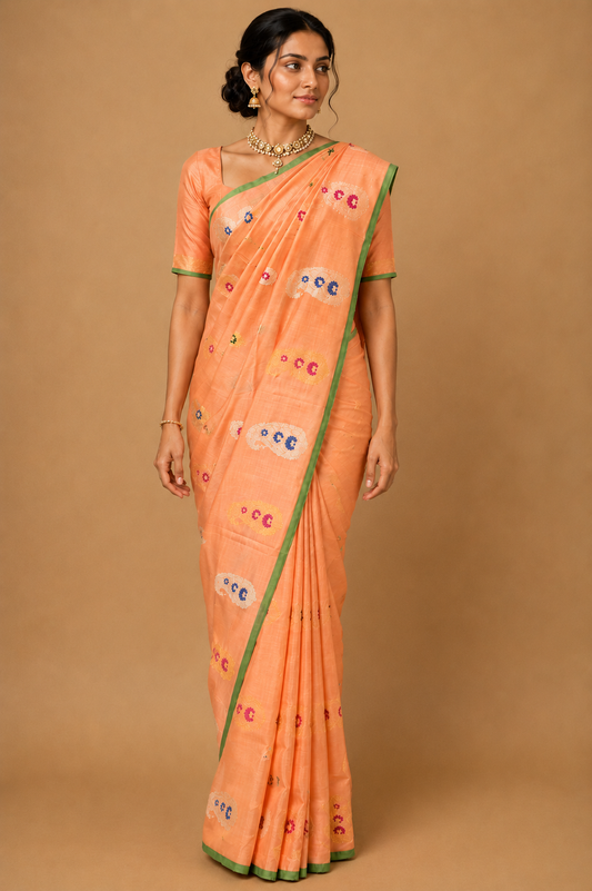 ZARTARI Handwoven Paithani Silk Saree – Peach Pink with Green Border & Traditional Multicolour Paisley Butta