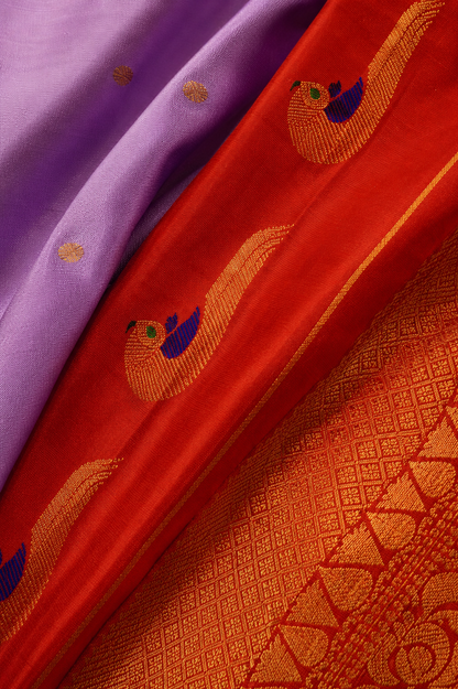 ZARTARI Handwoven Paithani Silk Saree – Lavender with Red Peacock Zari Border & Traditional Woven Pallu