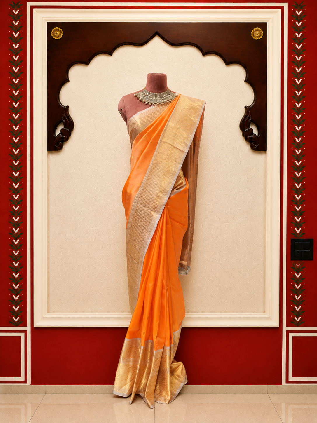 ZARTARI Handwoven Banarasi Silk Saree – Peach Orange with Silver-Gold Zari Border & Rich Woven Pallu
