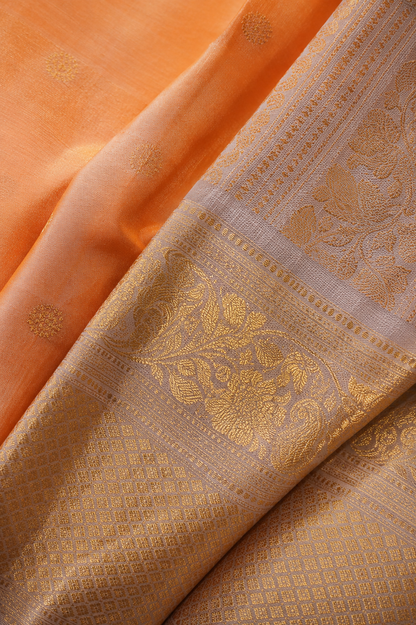 ZARTARI Handwoven Banarasi Silk Saree – Peach Orange with Silver-Gold Zari Border & Rich Woven Pallu