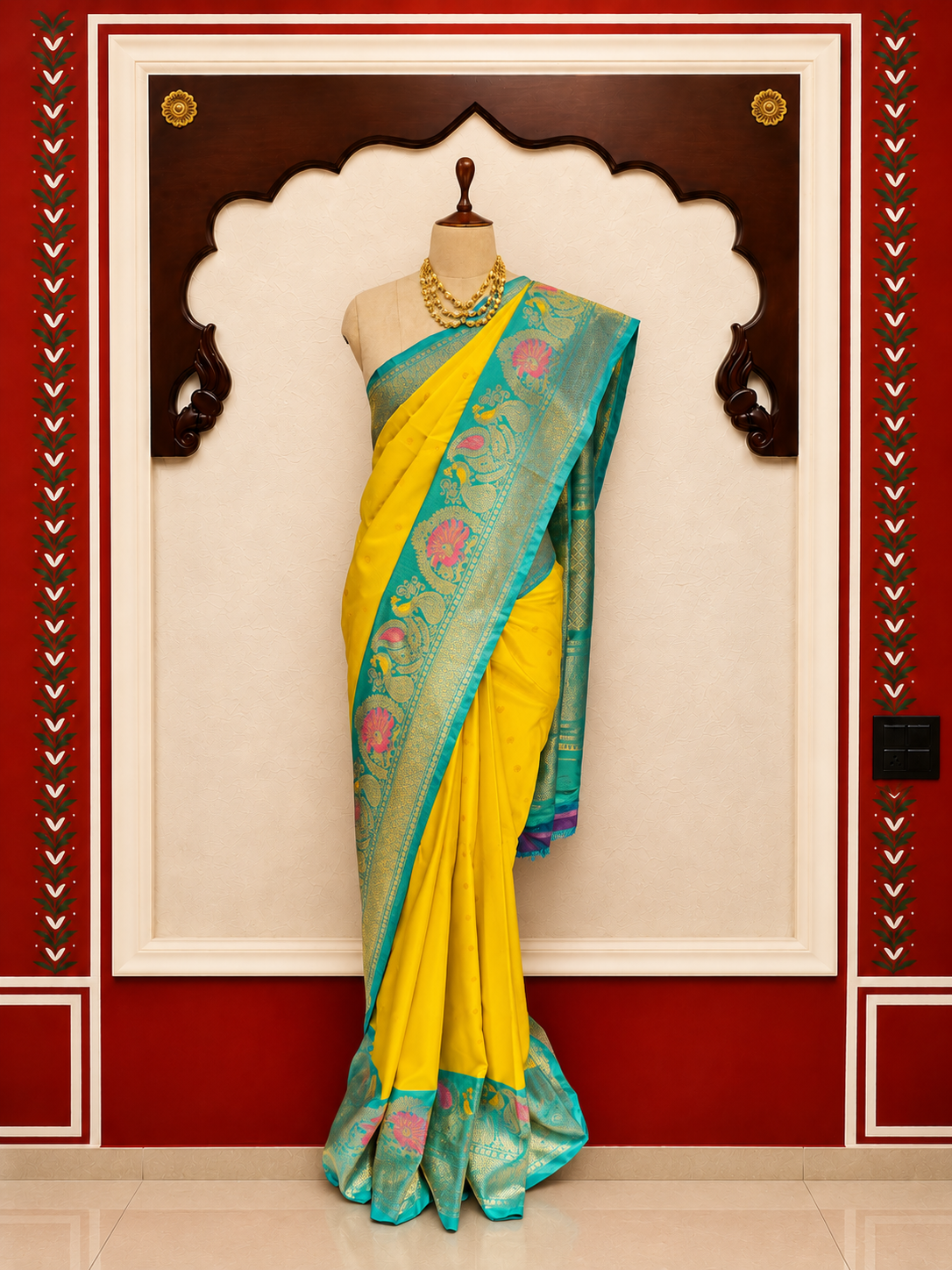 Zartari Premium Sunshine Yellow Paithani Silk Saree with Aqua Blue Peacock Border & Rich Zari Pallu